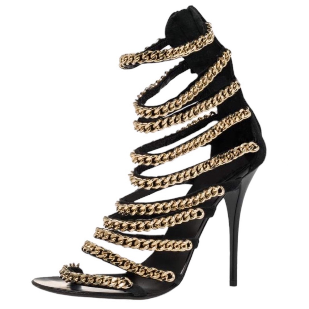 Guiseppe Zanotti Black Suede Gold Chain Gladiator Sandals Size 40 Open Toe Heels